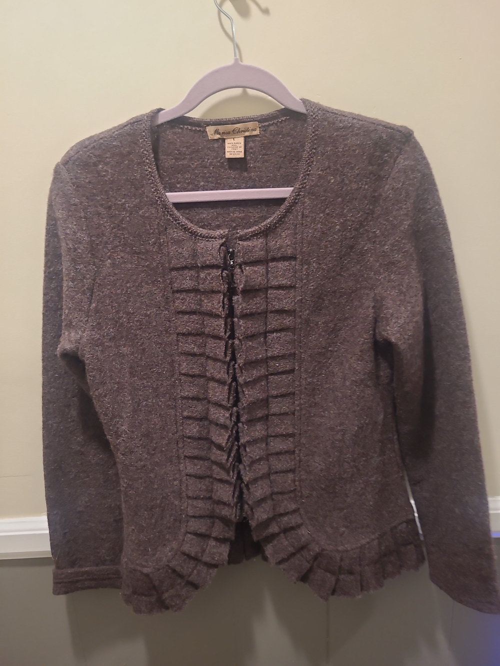 MARISA CHRISTINA Brown Boiled Wool Zip Up Jacket L Ruffled Down Front & Hem FLAW